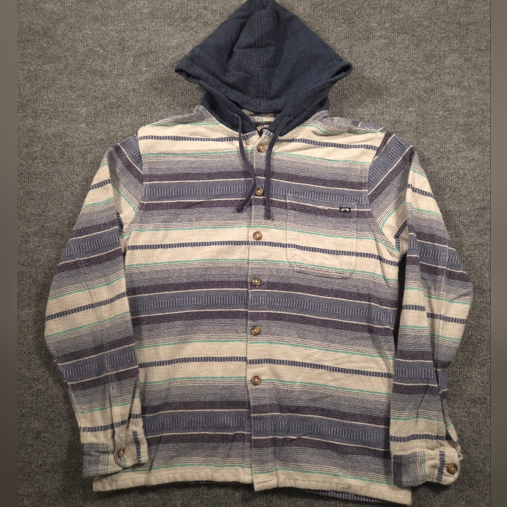 Billabong Baja Stripe Hooded‎ Flannel Shacket Button Down Shirt Size Medium
